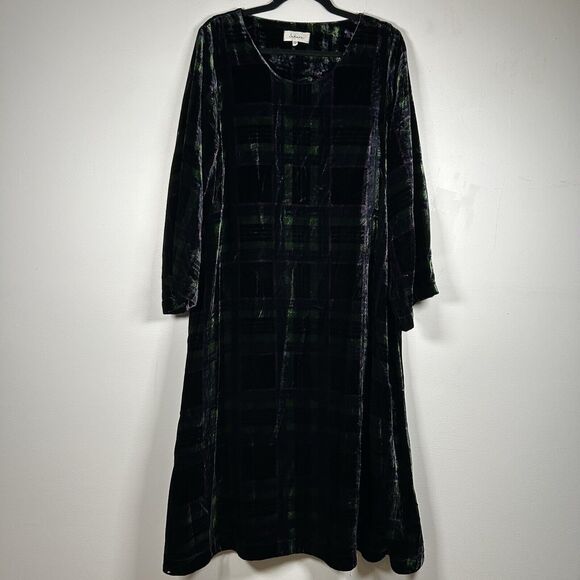 Sahara Velvet Jersey Dress Lagenlook Green Purple Tartan Check Size 3 US 10-12 - Picture 1 of 9